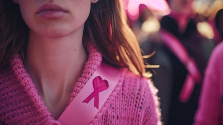 A woman wearing a pink sweater with a pink ribbon on itの素材