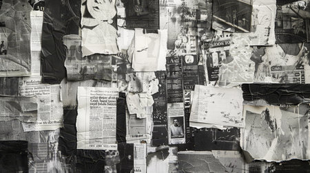 A collage of newspaper clippings with a black and white background. The clippings are of various sizes and shapes, and some of them are torn or ripped. Scene is chaotic and disorganizedの素材