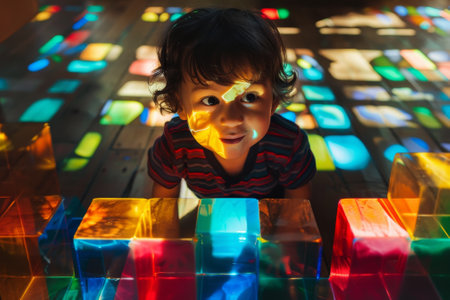 A young child is looking at a colorful display of blocks. The blocks are arranged in a way that creates a rainbow effect, and the child is fascinated by the colors and shapesの素材