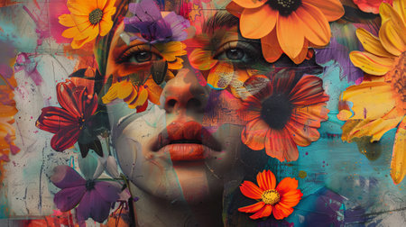 A woman's face is covered in flowers, with a bright orange sunflower on the right. The image is a colorful and vibrant representation of the beauty of natureの素材