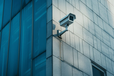 A security camera is mounted on a building. The camera is on a pole and is facing the streetの素材