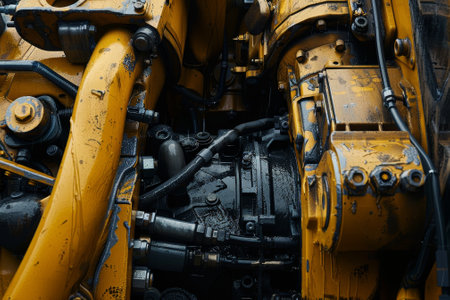 A yellow engine with a black oil stain on it. The engine is dirty and has a lot of rustの素材