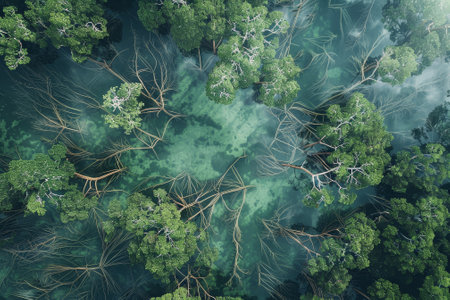 A lush green forest with a body of water in the center. The trees are tall and the water is clear. Concept of tranquility and serenityの素材