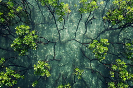 A tree with green leaves is reflected in the water. The water is calm and clear, and the tree branches are visible in the water. Concept of tranquility and peaceの素材