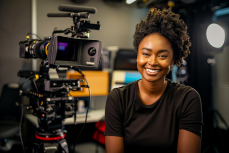 A woman with curly hair is smiling in front of a camera. She is wearing a black shirt and sitting in front of a cameraの素材