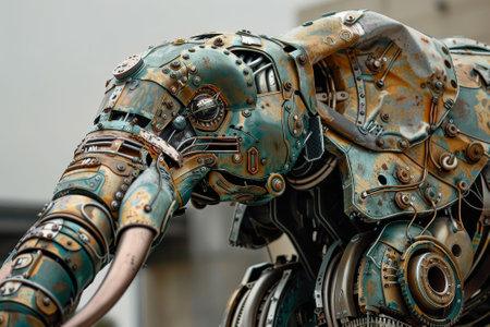 A robot elephant with a metal face and a metal trunk. The elephant is made of metal and has a robotic appearanceの素材