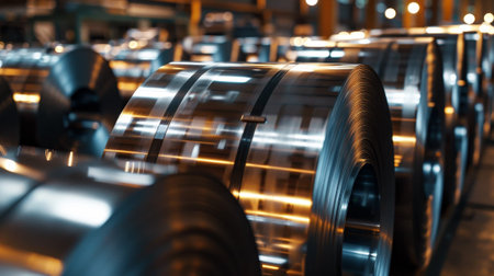 A row of shiny silver metal sheets are stacked on top of each other. The sheets are shiny and reflective, giving off a sense of modernity and sophisticationの素材