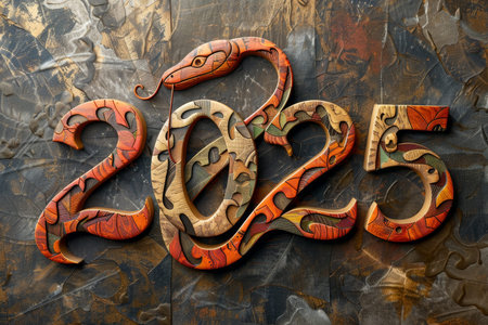 A snake is laying on a log with the numbers 2025 written in the shape of a snakeの素材