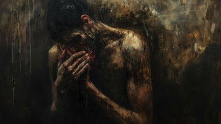 A man is shown in a painting with his hands covering his face. The painting has a dark and moody atmosphere, with the man's expression conveying a sense of sadness or despair. The use of dark colorsの素材