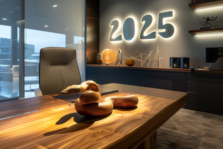 A snake sculpture sits on a wooden desk in front of a sign that says "2025". The room is well-lit and has a modern, professional feelの素材
