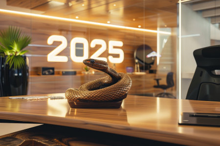 A snake sculpture sits on a desk in front of a sign that says 2025. The room is well-lit and has a modern, sleek designの素材