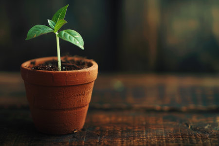 A small plant is in a pot on a wooden table. The plant is green and he is a seedling. The pot is brown and has a rustic look to it. The wooden table is the main focus of the imageの素材