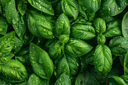 A lush green plant with droplets of water on its leaves. The droplets are scattered throughout the plant, giving it a fresh and vibrant appearance. Scene is one of tranquility and natural beautyの素材