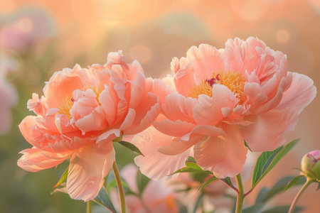 Two pink flowers are in a field of green grass. The flowers are in full bloom and are surrounded by other flowersの素材