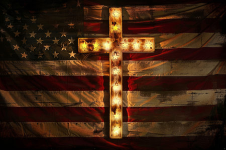 A cross is lit up on a red, white, and blue American flag. The flag is tattered and torn, giving the image a sense of nostalgia and historyの素材