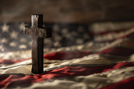A cross is on a red and white American flag. The flag is on a sandy surfaceの素材