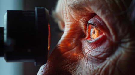 A man's eye is being examined by a doctor. The eye is red and the doctor is looking at itの素材