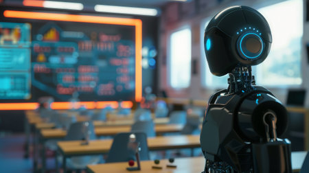 A robot is standing in front of a classroom with a computer monitor on the wall. The robot is looking at the monitor, which is displaying a graph. The scene gives off a futuristicの素材