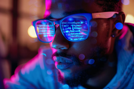A man wearing blue glasses is looking at a computer screen with a lot of text on it. Concept of focus and concentration as the man stares at the screenの素材