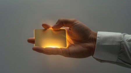 A hand holding a card with a yellow light shining on itの素材