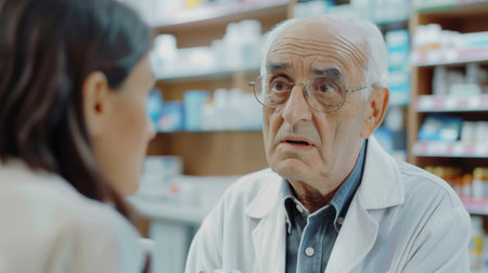 A man in a white lab coat is talking to a woman. The man is wearing glasses and has a serious expression on his face. The woman is looking at him with concern. The scene takes place in a pharmacyの素材