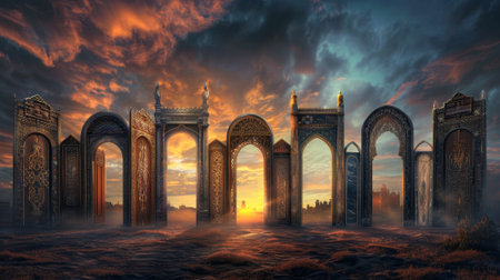 A series of arched doors are shown in a painting, with the sun setting in the background. The mood of the painting is serene and peaceful, as the arches seem to be inviting and welcomingの素材