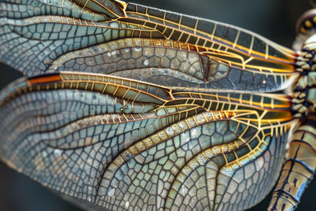 This close-up reveals the stunning details of a dragonfly's wing, showing its vibrant colors and intricate network of veins under natural light in an outdoor setting.の素材