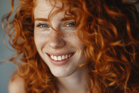 A cheerful young woman with vibrant curly red hair beams with joy, revealing a warm smile that highlights her freckles and captures her lively spirit.の素材