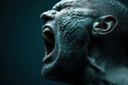 The man shows intense emotion, dramatic features facial tattoos, and an expressive open mouth. The lighting highlights his striking features against a dark background.の素材