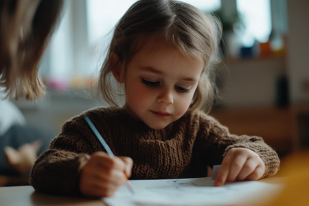 A little girl is deeply engaged in drawing, holding a pencil in her hand, as she creates artwork at a well-lit table within a warm and inviting room.の素材
