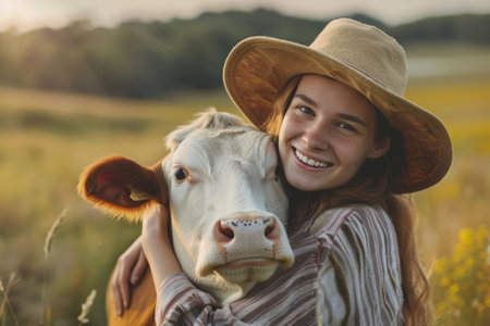 A girl wearing a straw hat joyfully hugs a cow in a lush, green field at sunset, capturing a moment of connection between human and animal.の素材