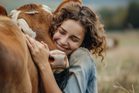 A young woman smiles brightly while embracing a brown and white cow in a vibrant, grassy field, capturing a moment of connection and joy in nature.の素材