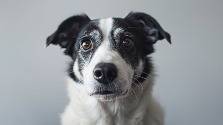 This black and white dog sits calmly against a neutral background, looking directly at the camera with its expressive eyes, showing its friendly demeanor.の素材