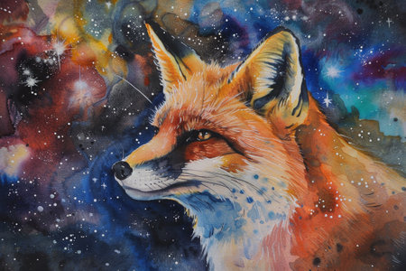 A vibrant fox is depicted looking thoughtfully into a starry sky filled with swirling galaxies, showcasing brilliant colors and intricate details.の素材