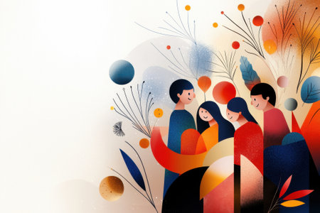 This vibrant artwork depicts four individuals of varied backgrounds coming together in celebration, surrounded by colorful abstract floral designs. The atmosphere radiates joy and unity.の素材
