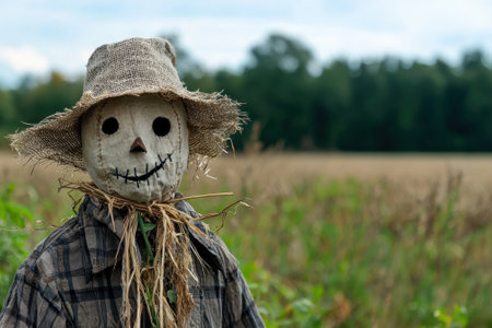 The scarecrow, dressed in a plaid shirt with straw protruding, stands vigilantly in a lush field, surrounded by ripening crops under a cloudy sky.の素材