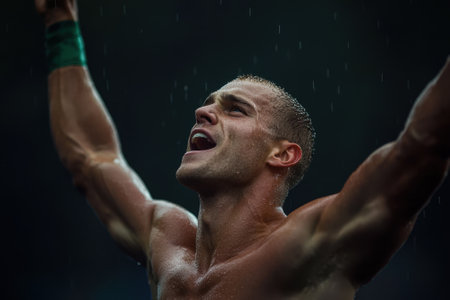 A determined athlete raises his arms in victory, soaked in rain, expressing joy and exhilaration after a hard-fought competition in a thrilling atmosphere.の素材