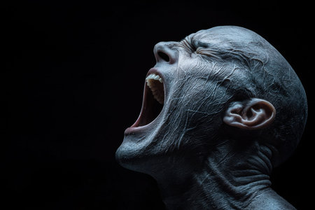 A person with darkly painted skin showcases an intense emotional moment, their eyes wide and mouth open in a profound scream, conveying deep feeling.の素材