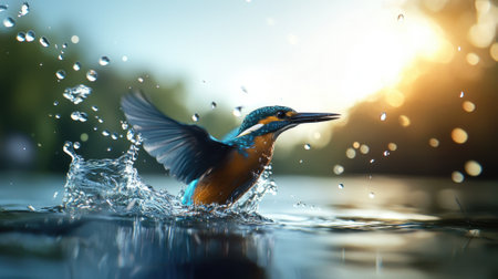 A bird is flying through the air and splashing water. Concept of freedom and joy as the bird takes flightの素材