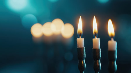 Three candles are lit and are standing upright on a table. They are arranged in a row, with one candle in the front, one in the middle, and one in the back. The candles are burning brightlyの素材