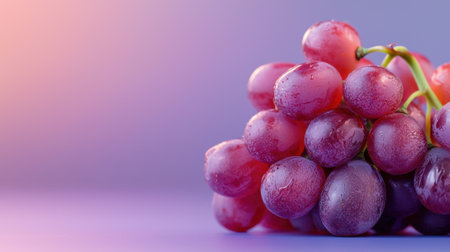 A bunch of grapes on a purple background. The grapes are shiny and wet, and they are arranged in a pyramid shape. The image has a fresh and healthy vibeの素材