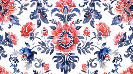 A beautifully crafted floral design showcases intricate red and blue flowers intertwined with elegant green leaves set against a clean white backdrop, perfect for interior decor.の素材