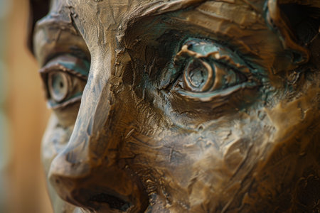 A bronze statue of a woman's face with a greenish tint. The eyes are open and the mouth is closedの素材