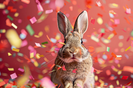 A rabbit is standing in a pile of confetti. The rabbit is looking at the camera with a curious expression. The confetti is scattered all around the rabbit, creating a festive and playful atmosphereの素材