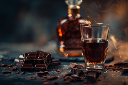 A glass of liquor is next to a bottle of liquor and a pile of chocolate. Scene is relaxed and indulgent, as the combination of chocolate and alcohol suggests a moment of enjoyment and indulgenceの素材