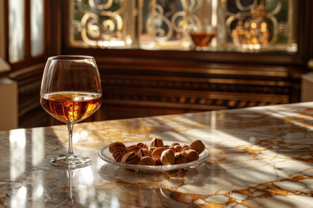 A glass of wine is on a table next to a plate of nuts. The wine glass is half full and the plate of nuts is empty. The scene is set in a room with a windowの素材