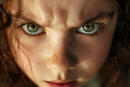 A young girl with curly hair and distinctive green eyes is staring intensely with a furrowed brow, illuminated by soft, natural light.の素材