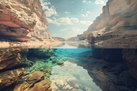 A stunning contrast reveals a majestic canyon landscape above water, complemented by a clear underwater view filled with colorful rocks and plant life, creating a serene environment.の素材