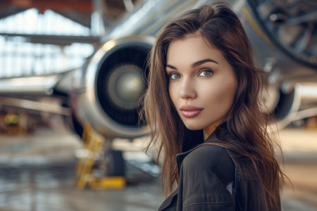 A young woman stands in an airport hangar, looking back with a confident expression as a large airplane is visible in the background, highlighting aviation and elegance.の素材