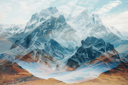 A breathtaking view features a mountain range with snowy peaks mirroring in a calm lake, surrounded by rugged terrain and a bright sky filled with fluffy clouds.の素材